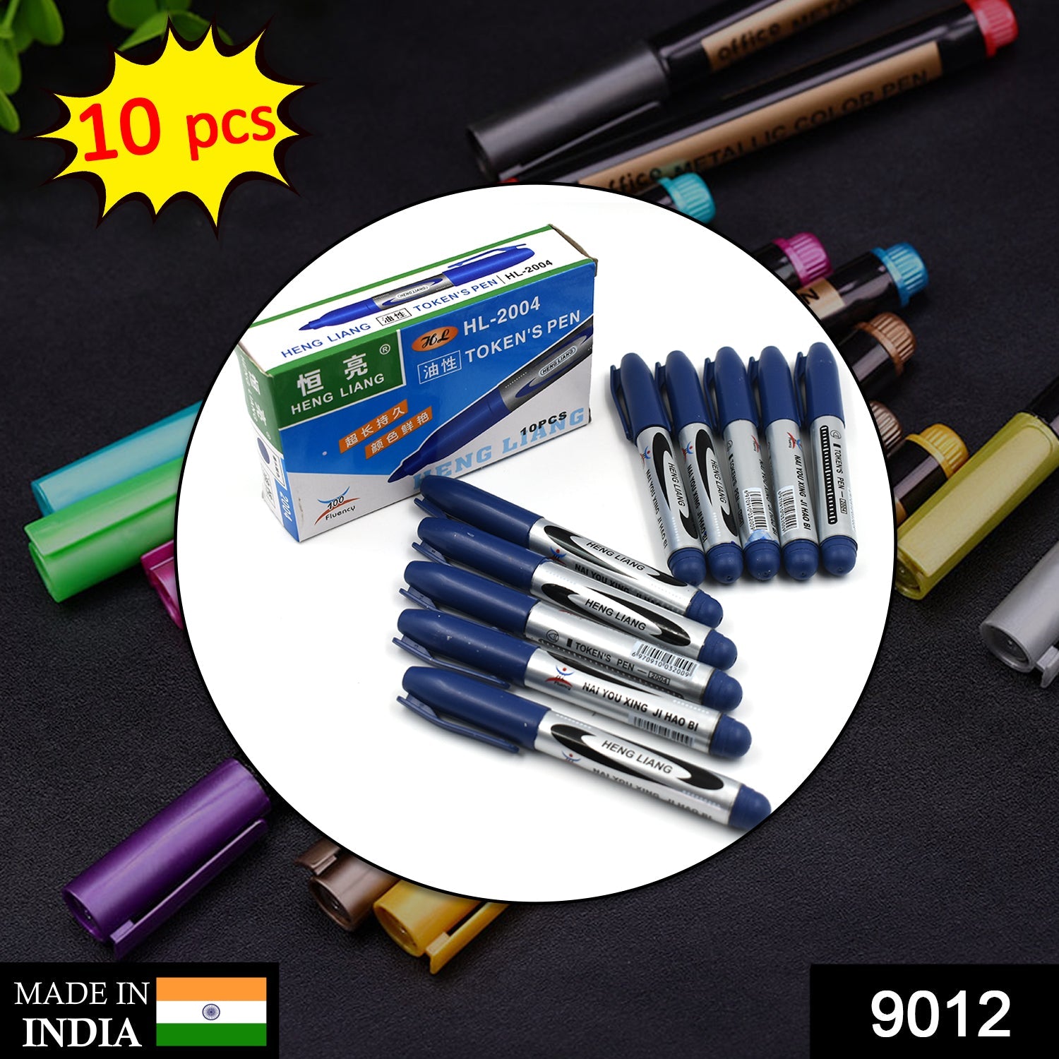 Wukusy 10-pack blue markers and pens for whiteboards, used in schools and classrooms for teaching and studying.