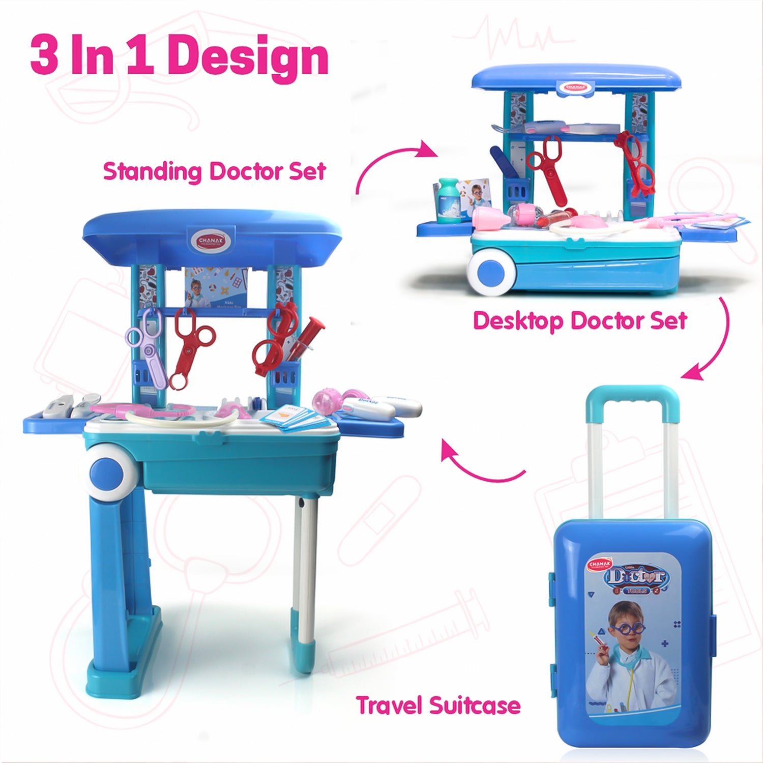 Wukusy Little Doctor toy set with a trolley, featuring realistic medical tools for kids' pretend play and role-playing activities.