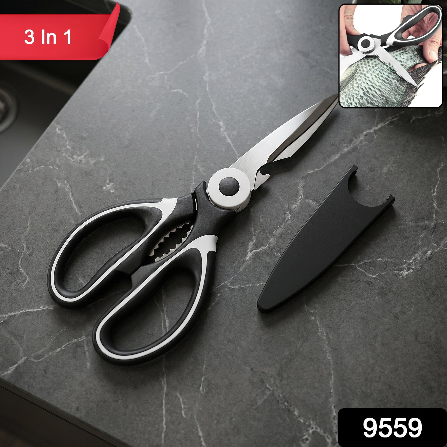 Wukusy 3-in-1 multi-function kitchen scissors with steel blades, versatile for cutting, opening bottles, and more in the kitchen.