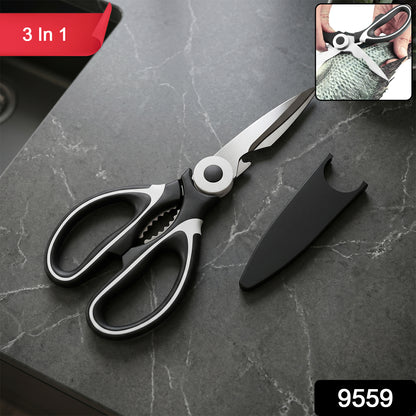Wukusy 3-in-1 multi-function kitchen scissors with steel blades, versatile for cutting, opening bottles, and more in the kitchen.