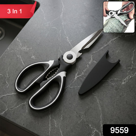 Wukusy 3-in-1 multi-function kitchen scissors with steel blades, versatile for cutting, opening bottles, and more in the kitchen.