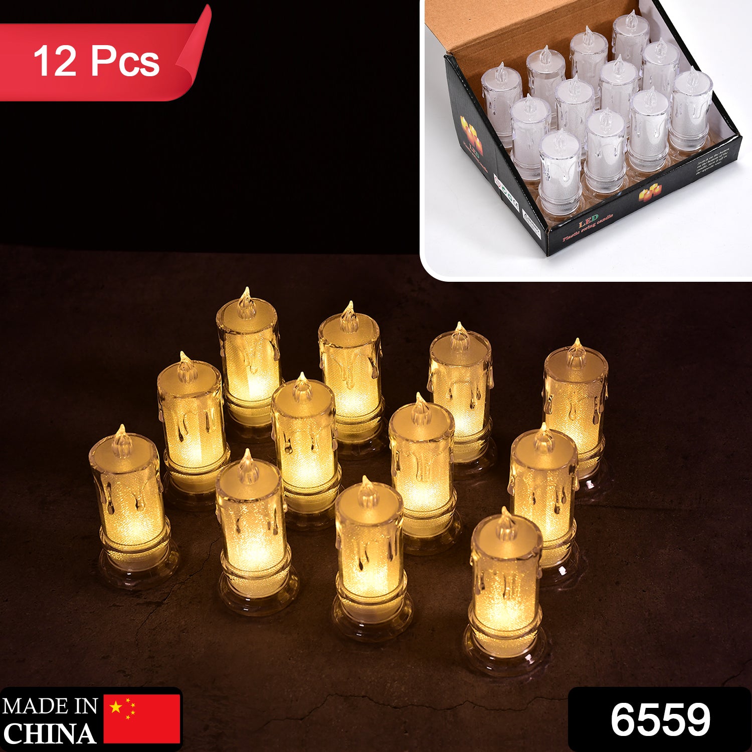 Set of 12 Wukusy big size flameless melted design candles for home decor, showcasing warm, flickering light in a decorative arrangement.