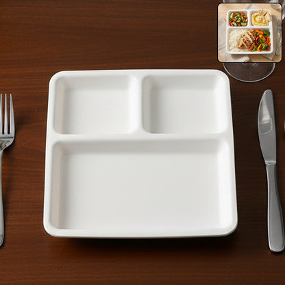 Plastic 3-compartment Wukusy meal serving plate with divided sections for food organization.