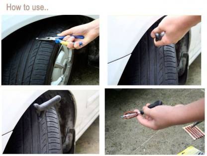 Wukusy 1513 tubeless tire puncture repair kit with nose pliers, rubber cement, and extra strips for car and bike tires.