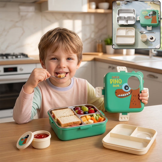Steel kids dinosaur lunch box set by Wukusy with tray, spoon, and sauce cup, featuring colorful dinosaur design and sturdy construction.