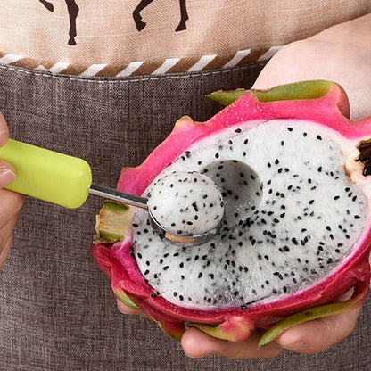 Wukusy 4-in-1 stainless steel melon baller and fruit scoop with double-sided design for seed removal and dessert ball making.
