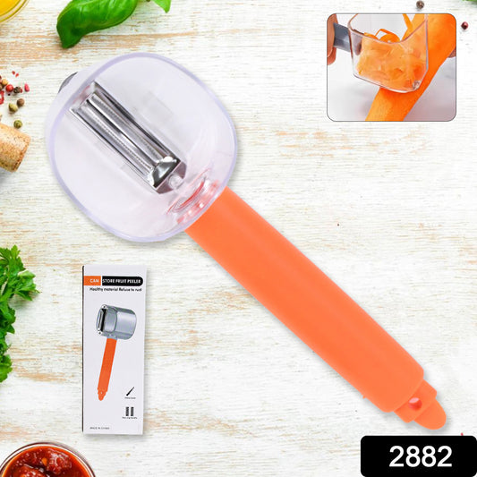 Wukusy stainless steel vegetable peeler with container, ideal for peeling carrots, cucumbers, apples, and other fruits and vegetables.