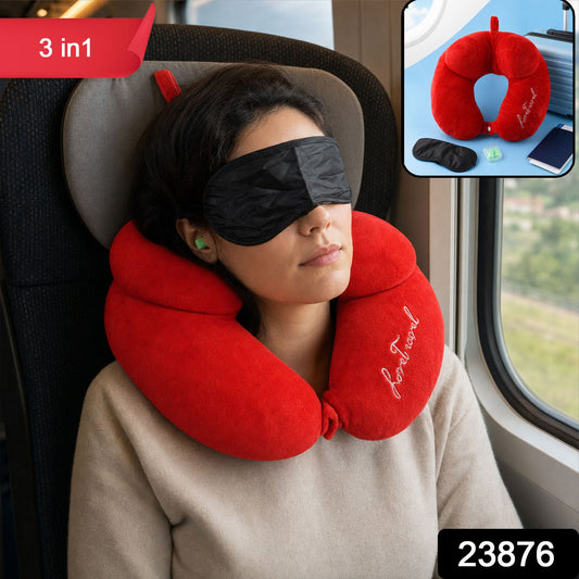 Wukusy 3-in-1 travel neck pillow with sleep eye mask and ear plugs set, featuring soft fabric and adjustable design for comfort during travel.