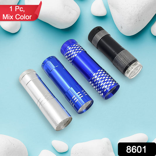 Wukusy portable mini torch with 9 LED bulbs, compact design, in mixed colors, battery-operated for camping, hiking, and outdoor use.