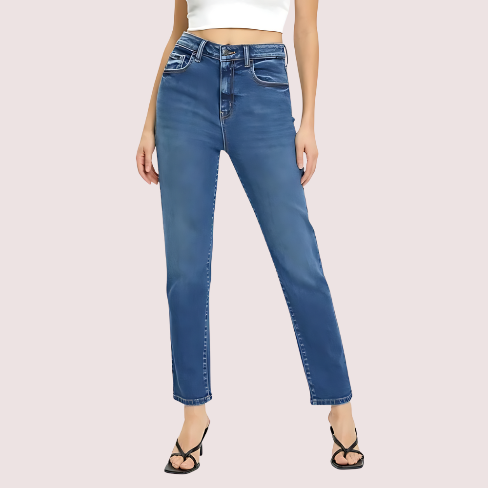 Women's high-rise classic slim straight denim jeans by Snazzyway, shown in a front view highlighting the fit and indigo wash.