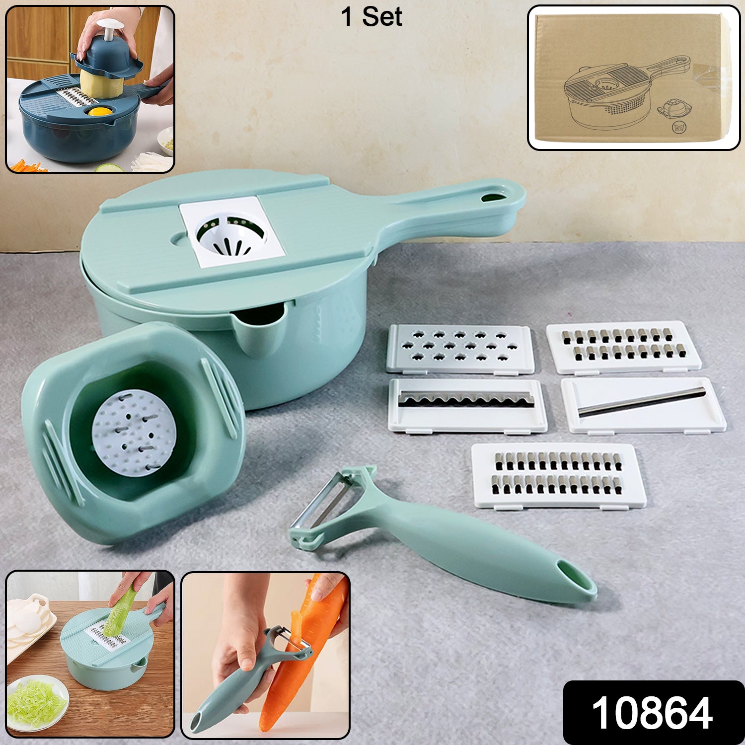 Wukusy multi-function vegetable cutter and grater set with various blades for chopping, slicing, and grating vegetables.