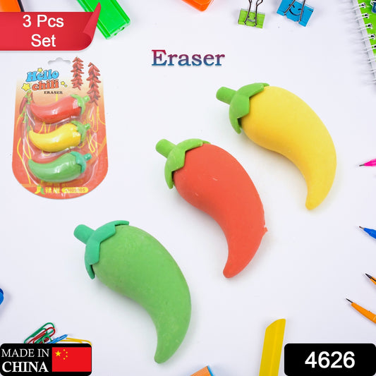 Set of three colorful chili-shaped erasers from Wukusy featuring 3D, stylish, and creative designs for children and school use.