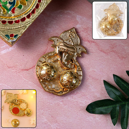 Traditional golden Lord Ganesha kumkum dish by Wukusy, decorative home improvement accessory with intricate design.
