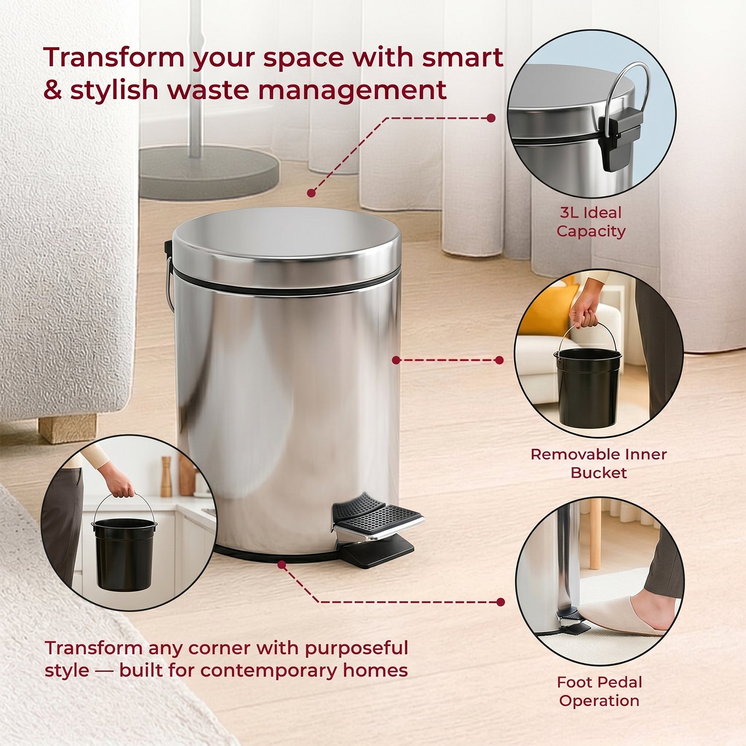 Wukusy premium stainless steel pedal dustbin with close lid, 3-liter capacity, sleek design, ideal for kitchen or bathroom use.