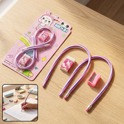Kids school stationery set with flexible pencils, eraser, and sharpener from Wukusy, featuring colorful, child-friendly design.