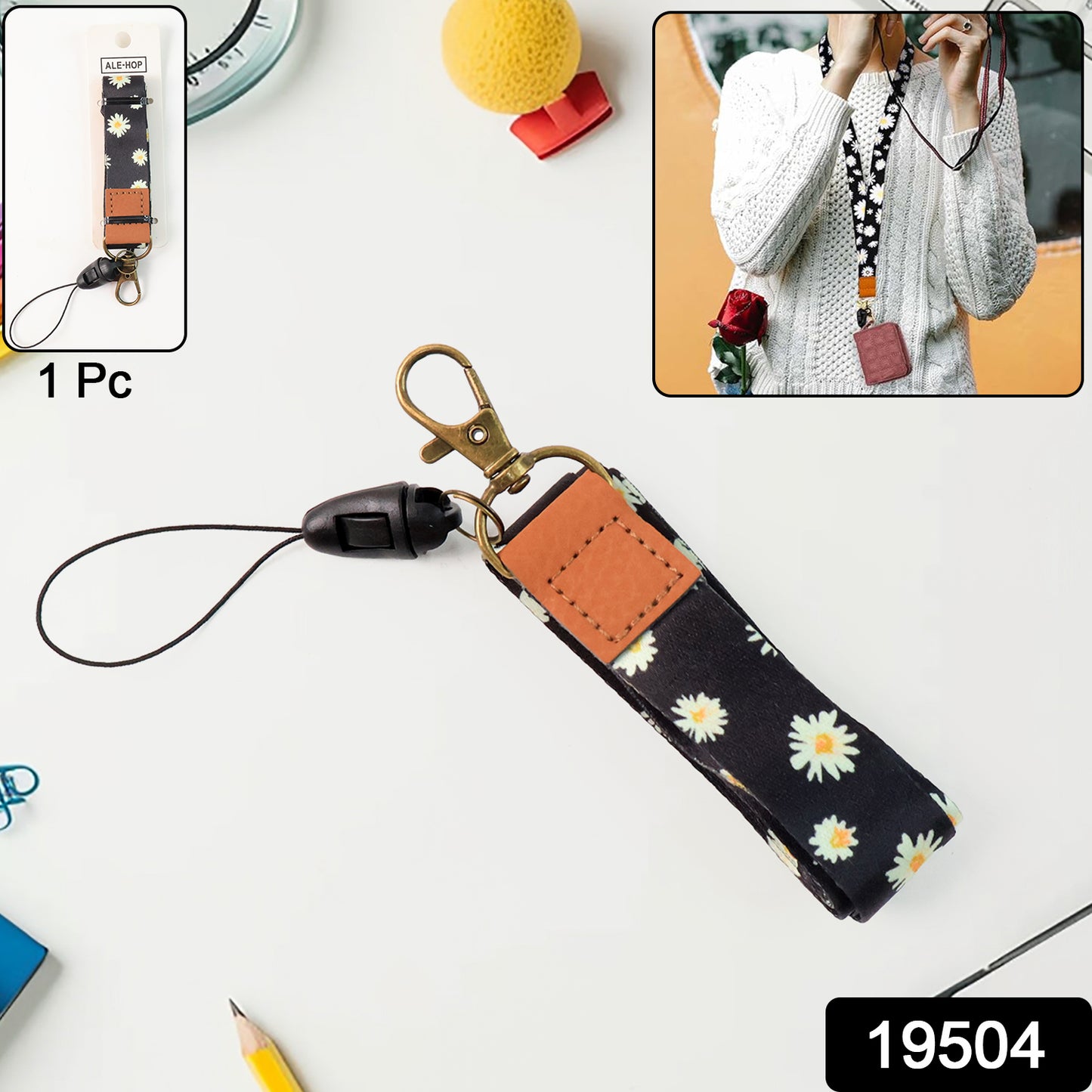 Wukusy floral print office neck lanyard strap with clip hook for mobile phones, featuring colorful floral design and adjustable length.