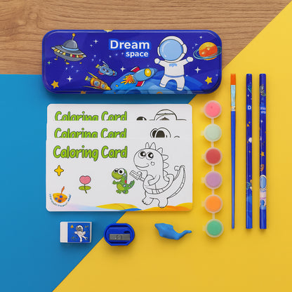 Colorful space-themed kids stationery set by Wukusy featuring planets, stars, and rockets on assorted paper and writing supplies.