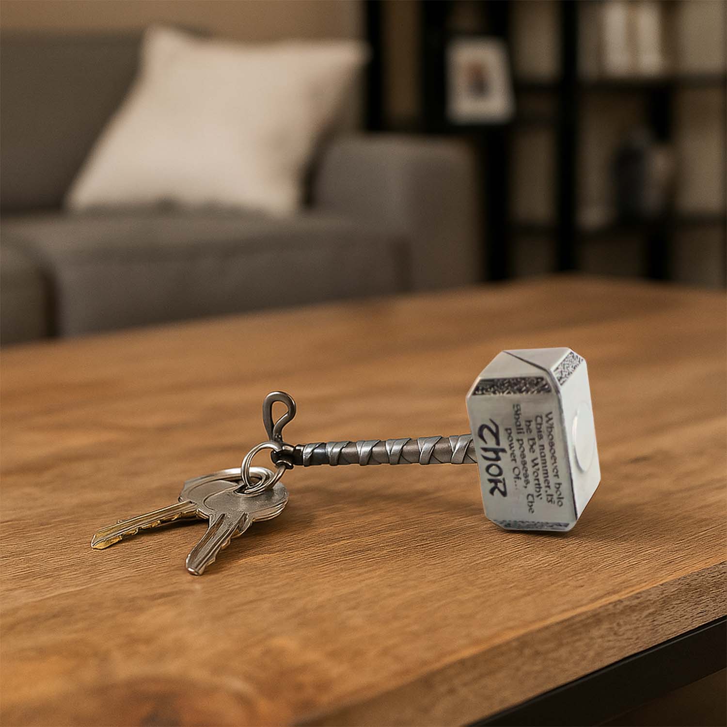 Wukusy big metal hammer-shaped keychain hanging from a set of keys, metallic finish, detailed hammer design.
