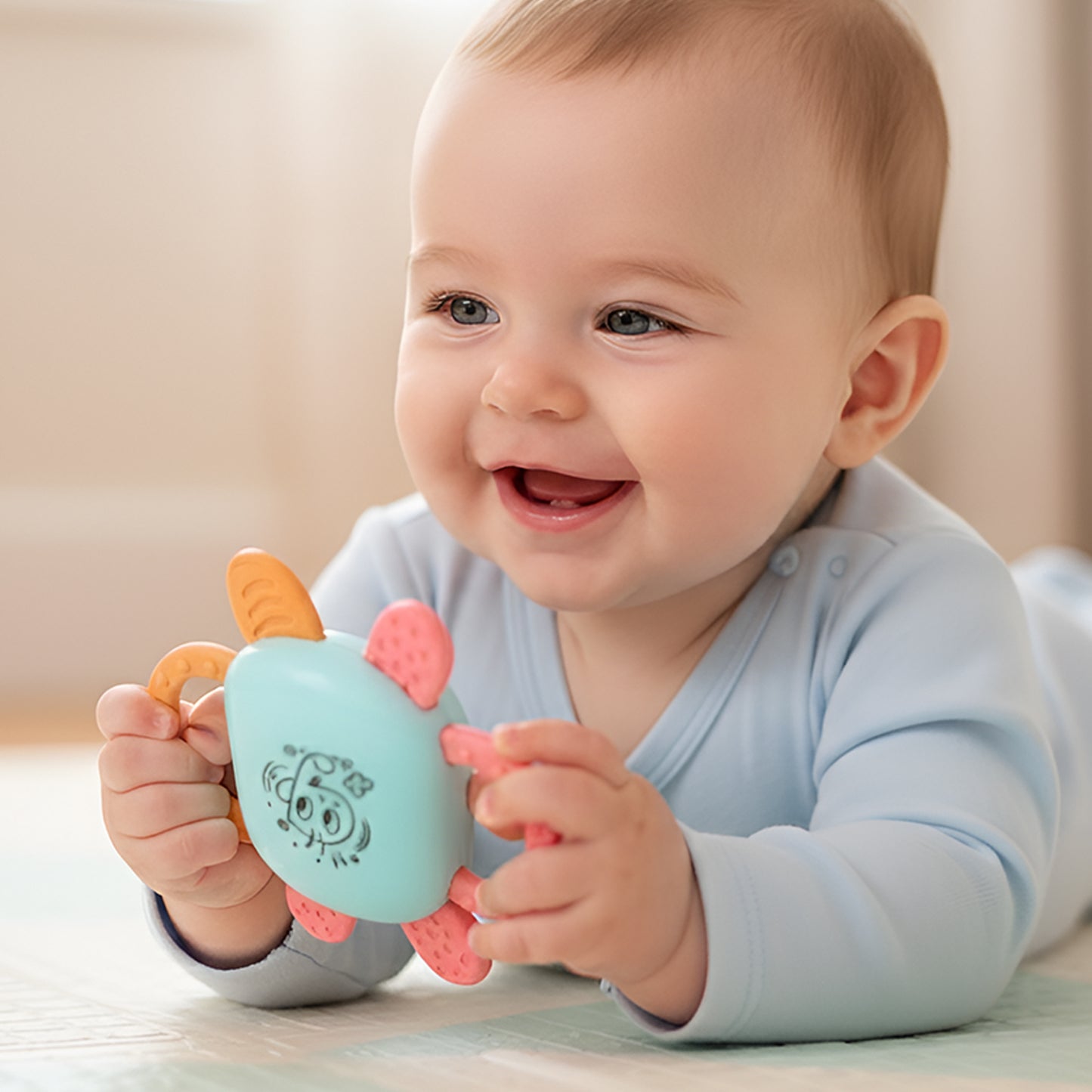 Wukusy Tiny Joys 6-in-1 baby rattle toy set with colorful, textured rattles for infants and toddlers.