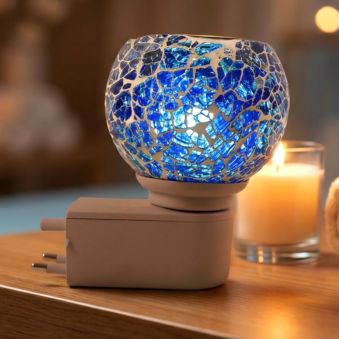 Wukusy Kapoor Dani mosaic glass electric night lamp with colorful glass mosaic design, illuminated in a cozy setting