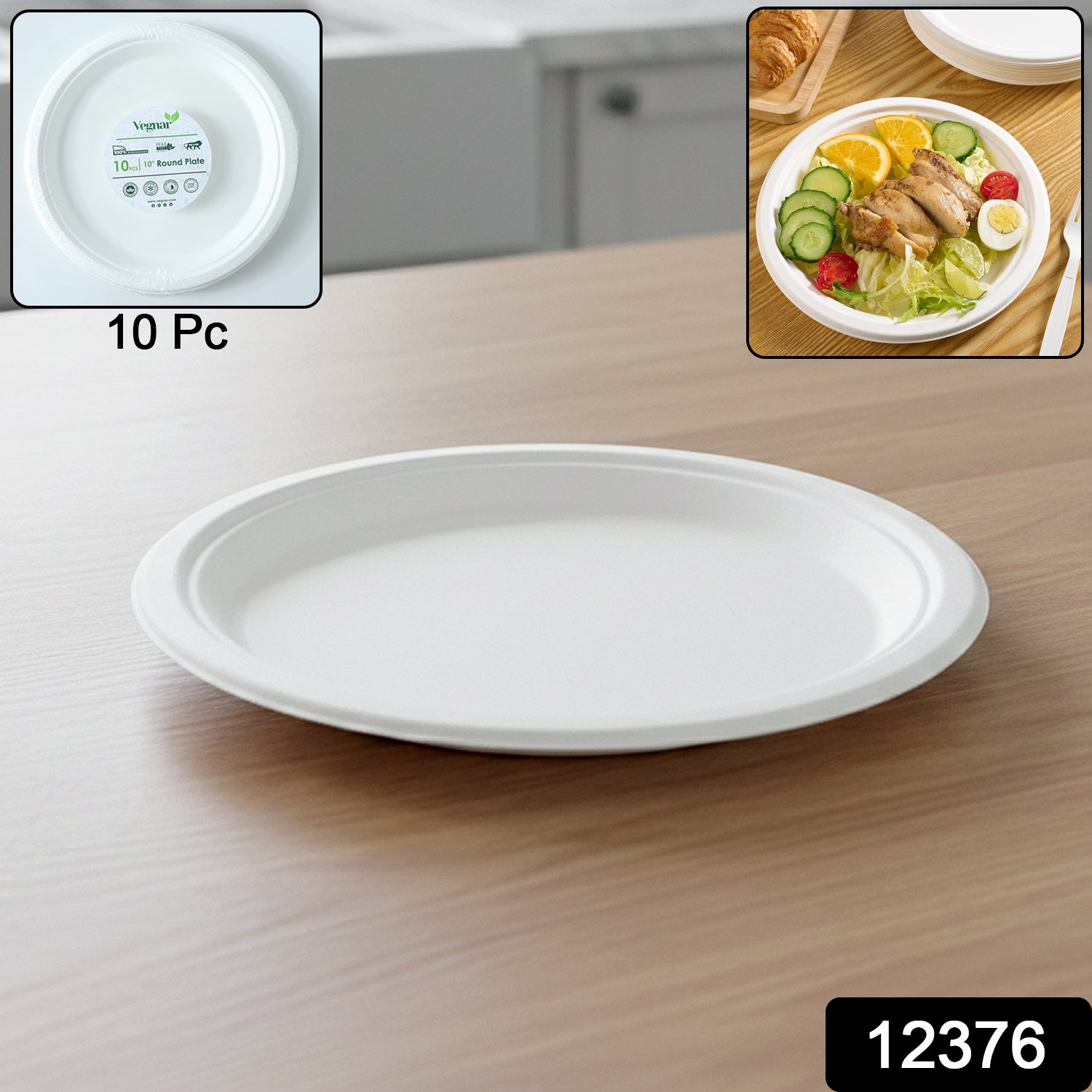 Set of 10 Vegnar disposable round food serving plates by Wukusy, lightweight and durable for casual dining and parties.