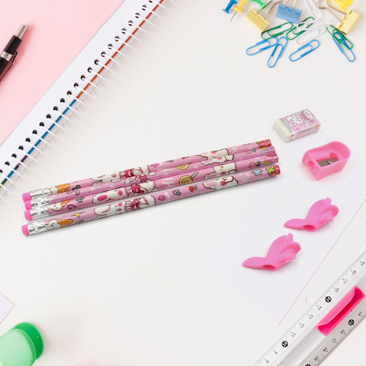Wukusy 4298 stationery kit for kids with wooden pencil sharpener, eraser, small diary, and school supplies in a 9-piece set
