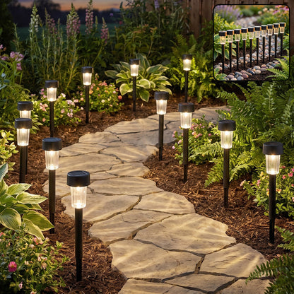 Wukusy solar pathway lights 10-piece outdoor garden stake set with waterproof LED lights illuminating a garden pathway.