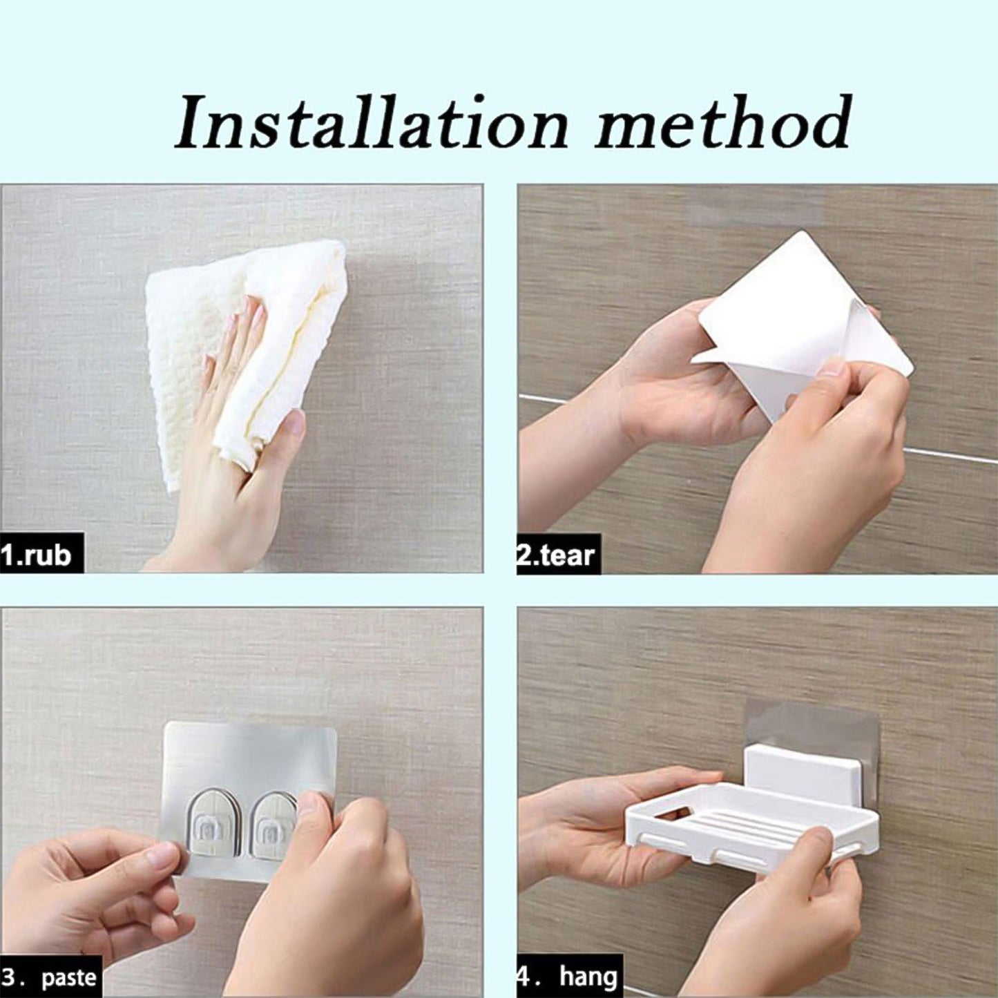 Wukusy self-adhesive plastic soap dish with drain slots mounted on bathroom wall for home improvement.