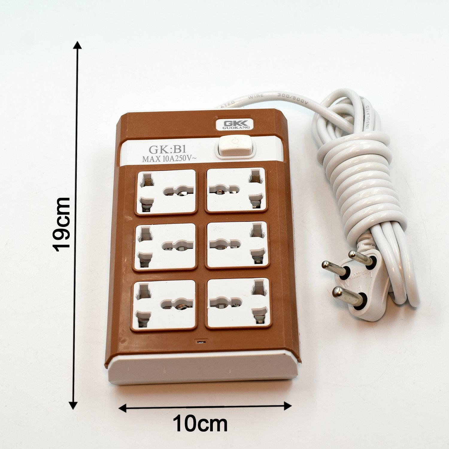 Wukusy 7421 office extension board with 6 power outlets, 250V capacity, featuring a black plastic case and cable for office use