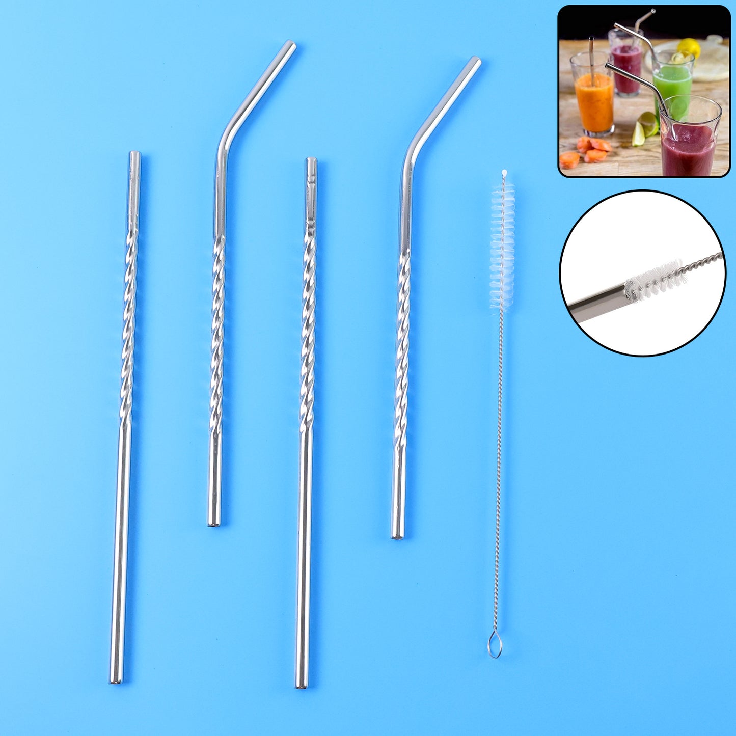 Set of 4 stainless steel straws with brush by Wukusy, includes 2 straight and 2 bent straws for eco-friendly drinking.