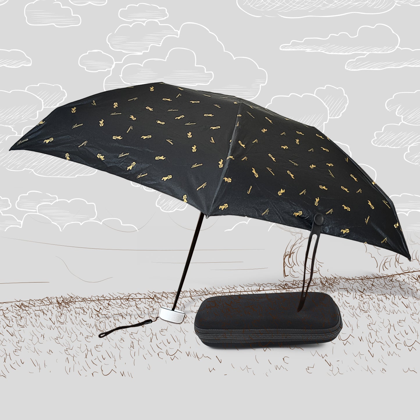 Wukusy 3-fold summer umbrella with UV protection, rain and sun shield, foldable design with zip case for children and travel use.