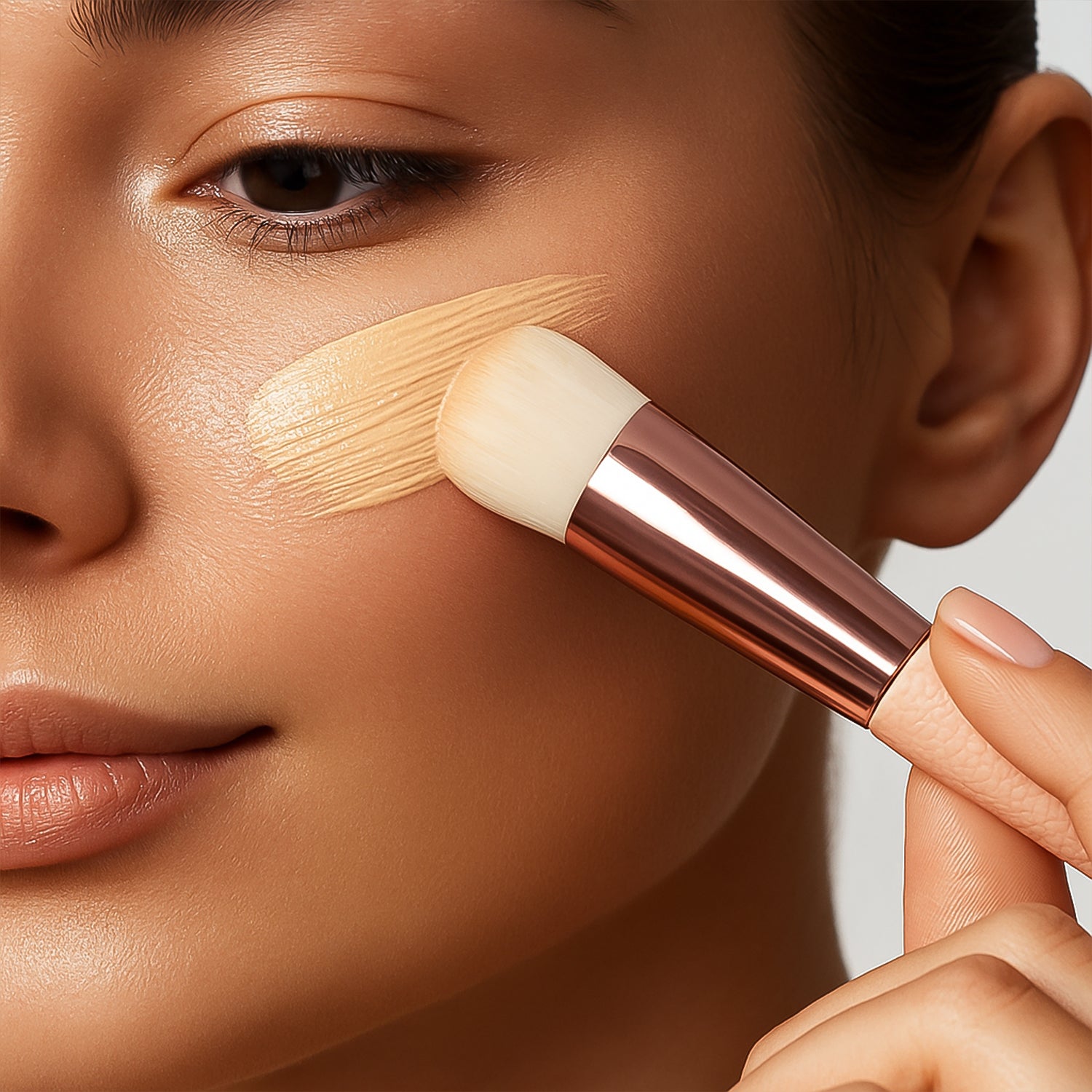 Wukusy premium soft makeup brush with black handle and fluffy bristles for smooth foundation application, close-up shot.
