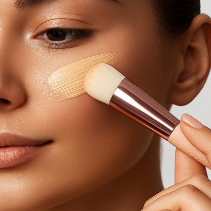 Wukusy premium soft makeup brush with black handle and fluffy bristles for smooth foundation application, close-up shot.