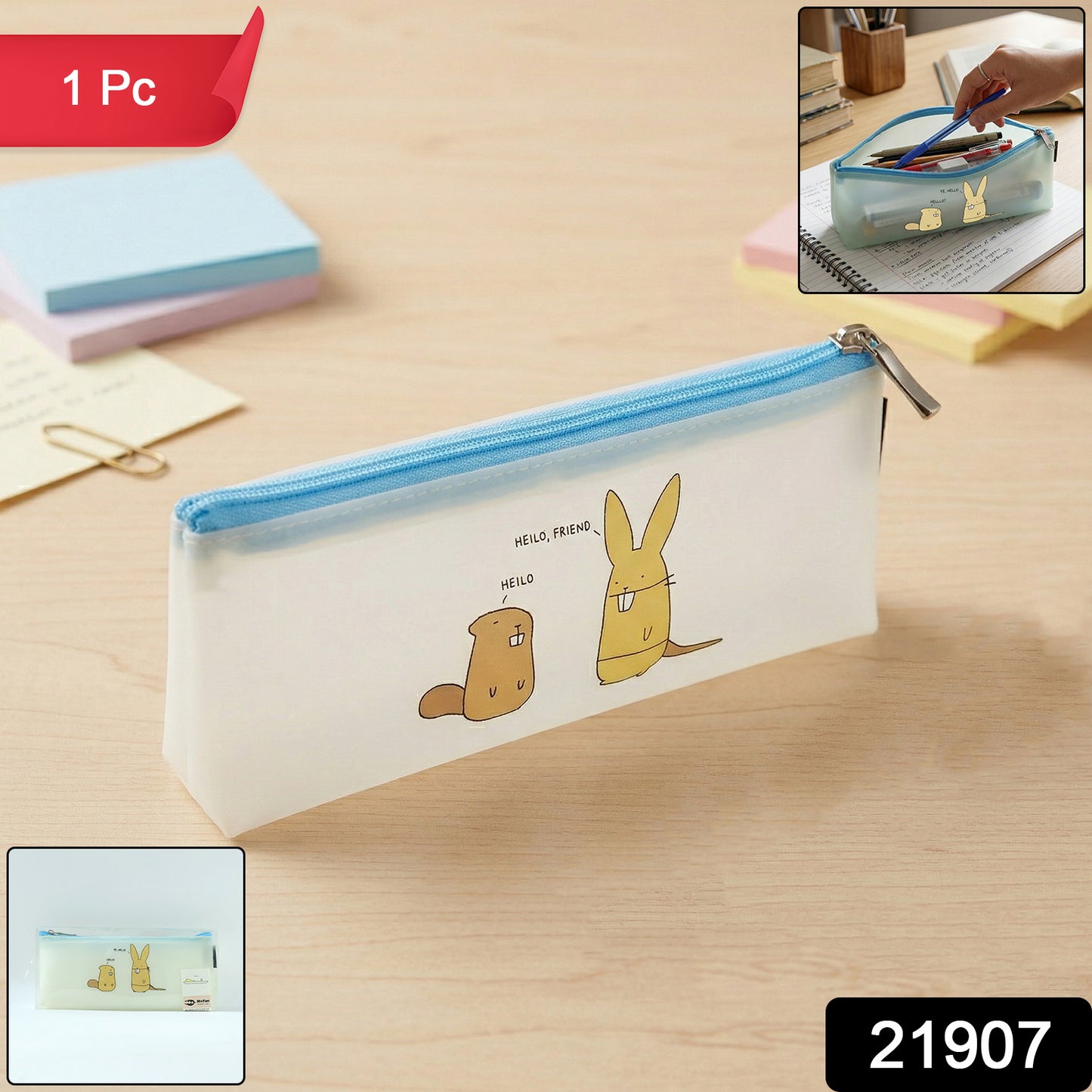 Cute cartoon transparent pencil pouch by Wukusy, showing a clear plastic design with colorful cartoon characters inside.