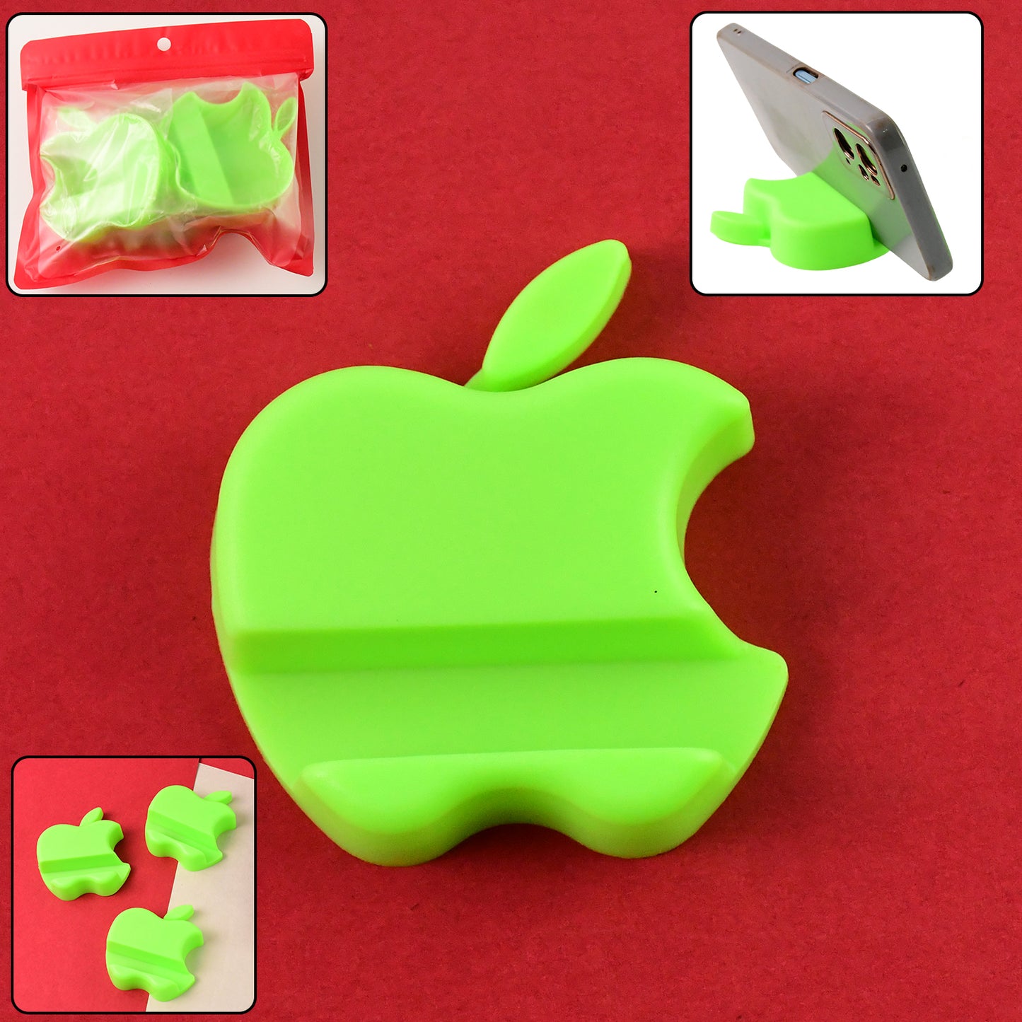 Three Wukusy plastic mobile phone holders in apple shape with mixed colors, designed to hold smartphones securely.