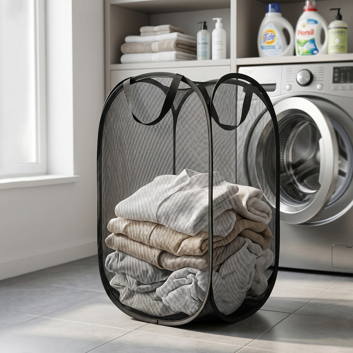 Large Wukusy foldable mesh laundry basket, durable clothes hamper with 36x36x60cm size, lightweight and easy to carry.