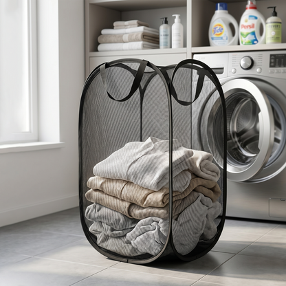 Large Wukusy foldable mesh laundry basket, durable clothes hamper with 36x36x60cm size, lightweight and easy to carry.
