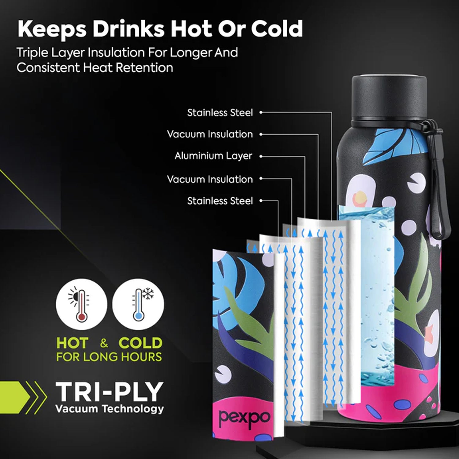 Wukusy Pexpo stainless steel printed water bottle, 800ml capacity with colorful design, on a white background.