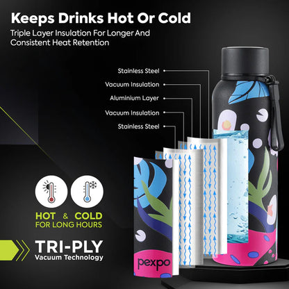 Wukusy Pexpo stainless steel printed water bottle, 800ml capacity with colorful design, on a white background.