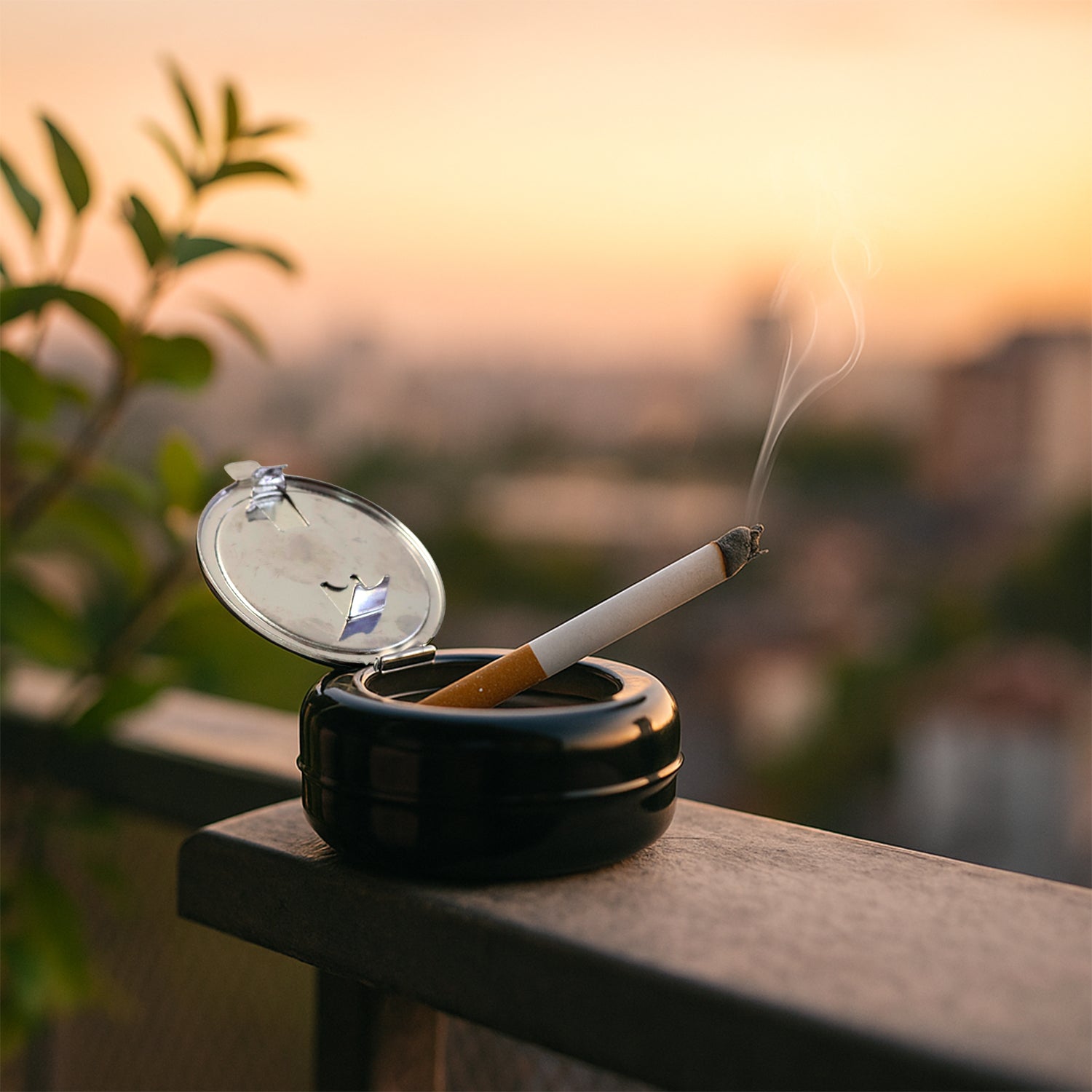 Wukusy round smokeless ashtray with lid, home improvement product, featuring a sleek design and secure lid for odor control.