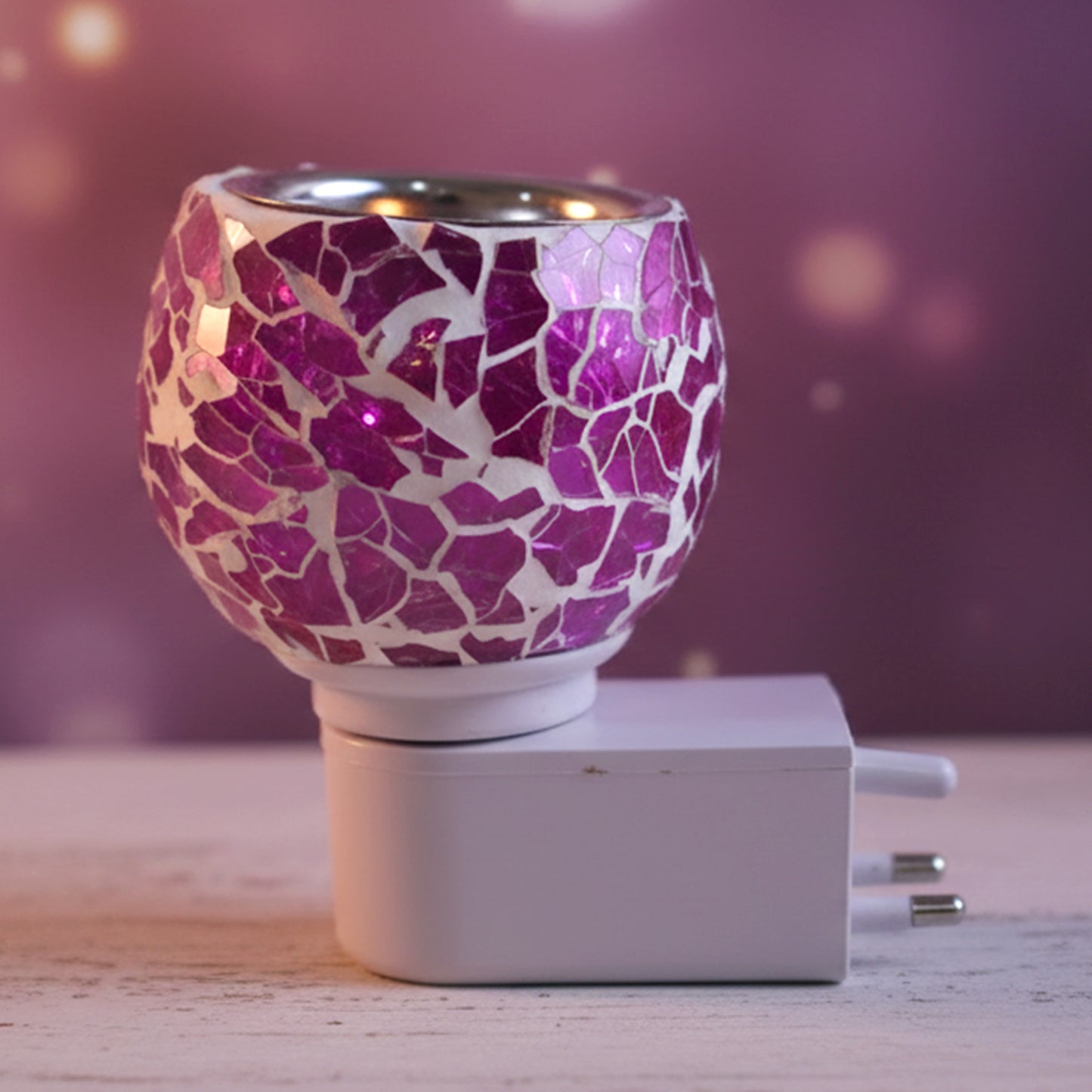 Wukusy premium plug-in mosaic glass aroma diffuser night lamp with colorful mosaic design and soft ambient lighting.