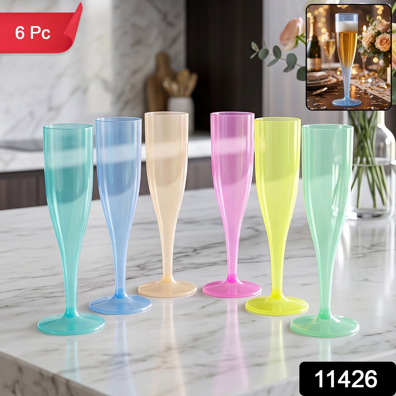 Six Wukusy reusable plastic champagne flutes in assorted colors, clear and vibrant, set of 6 for festive celebrations.