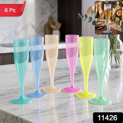 Six Wukusy reusable plastic champagne flutes in assorted colors, clear and vibrant, set of 6 for festive celebrations.