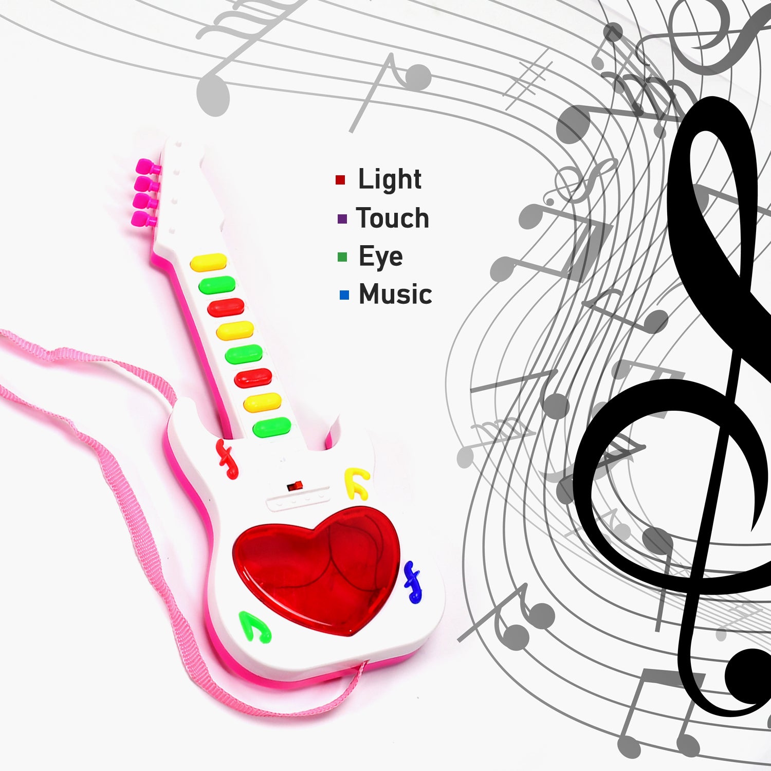Wukusy battery-operated mini guitar toy with lights, designed for children aged 3 and up, featuring colorful musical instrument details.