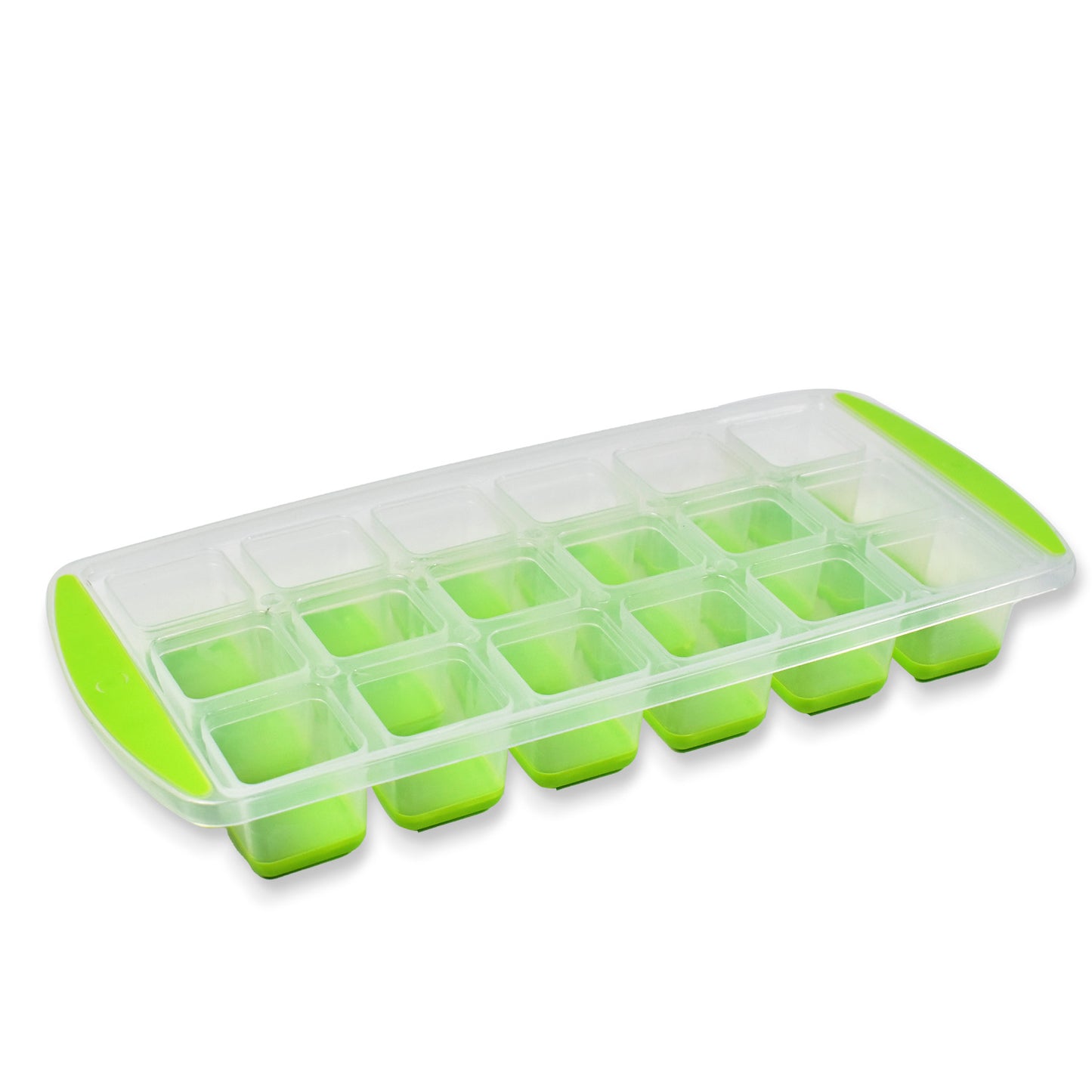 Wukusy 18-cavity pop-up ice cube tray with flexible silicone bottom, stackable, BPA-free food-grade ice tray for freezer use