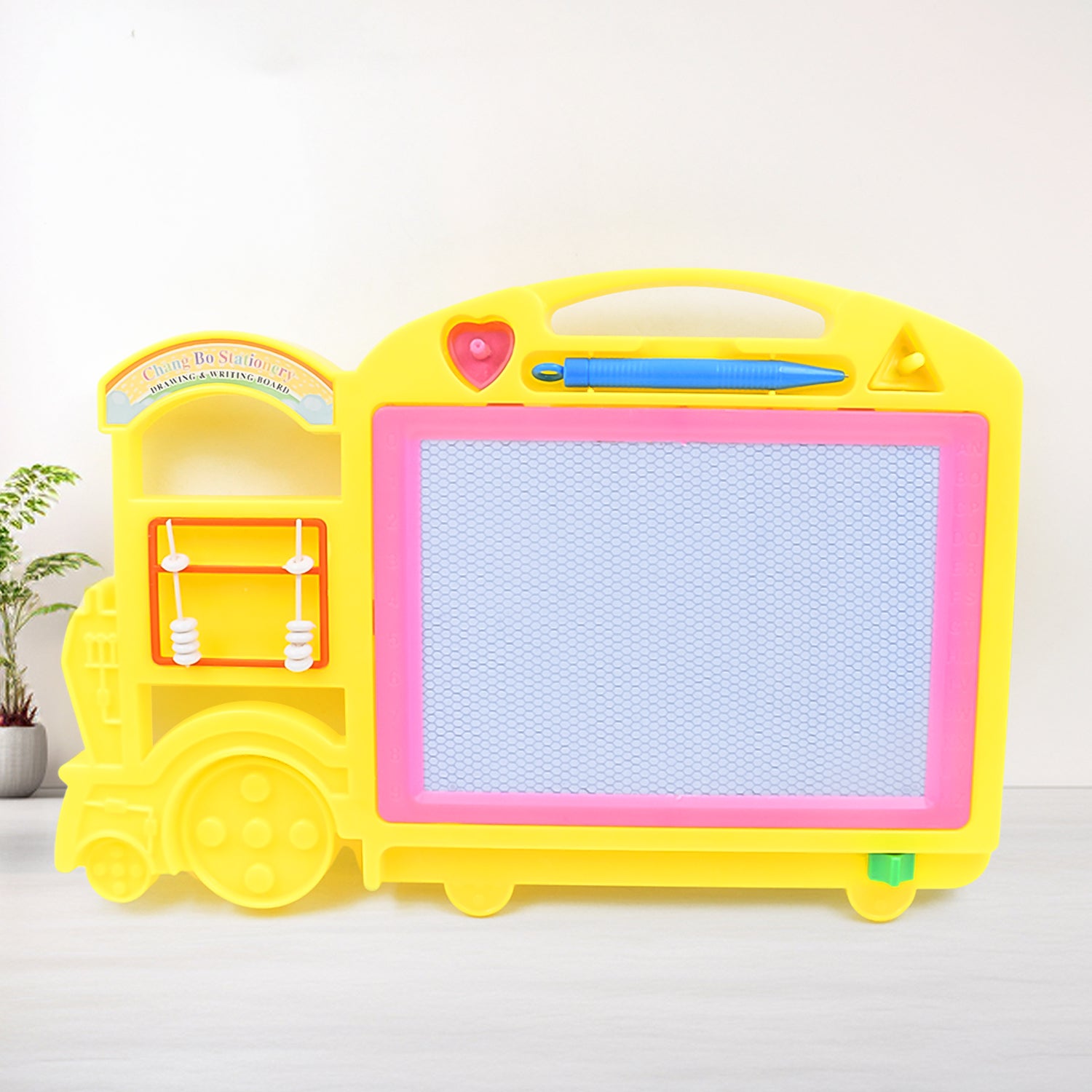 Wukusy bus shape drawing and writing slate board for kids, 32x21 cm, featuring colorful bus illustration for creative learning.