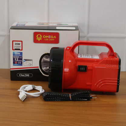Wukusy Omega 35w high power rechargeable LED emergency laser light, showing its compact design and bright beam in use.