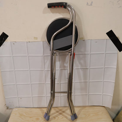 Wukusy folding walking stick with seat and backrest, four-leg cane stool chair, compact and portable for mobility assistance.