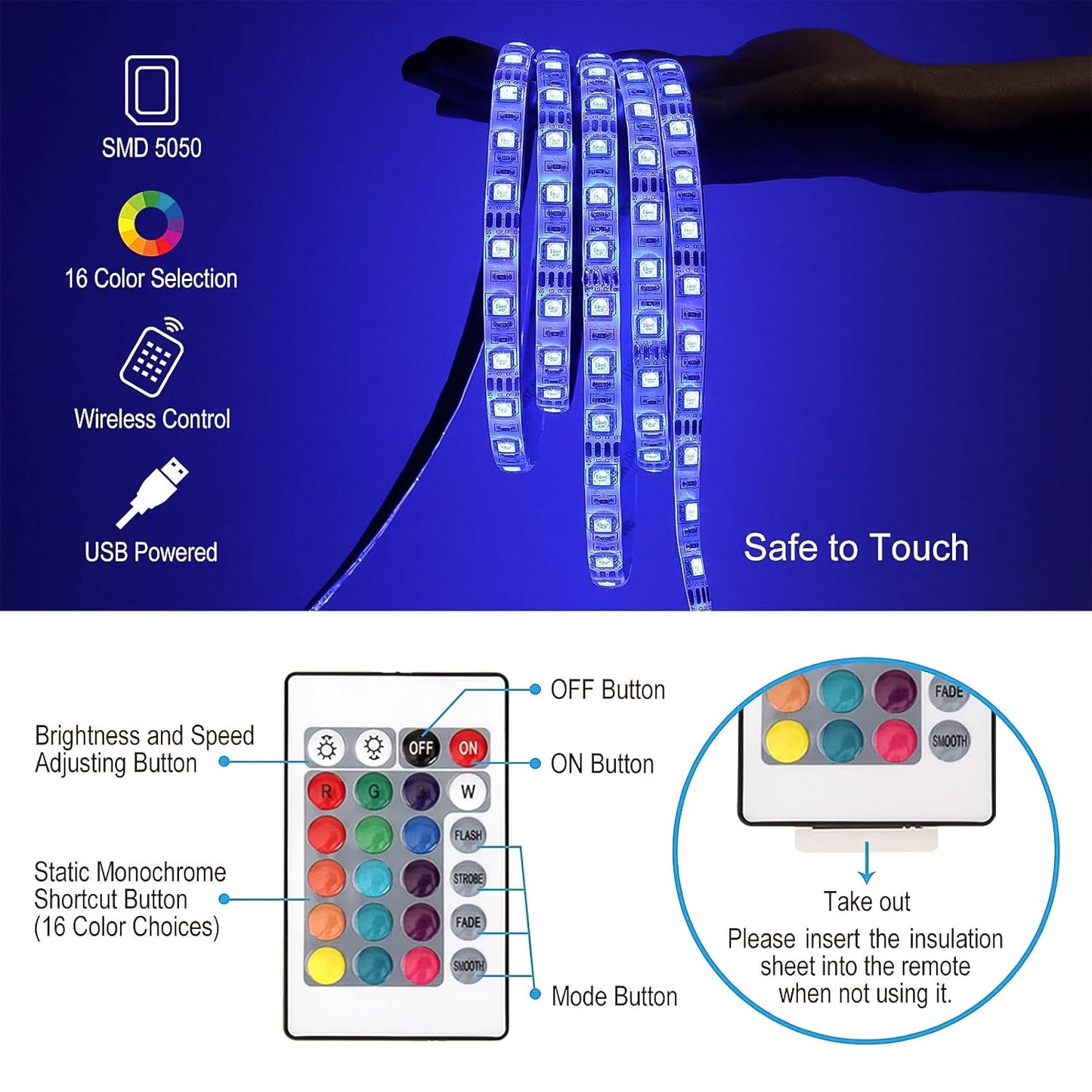 Wukusy 3m RGB LED strip lights set with colorful mood lighting and flexible design for home decor or entertainment spaces.