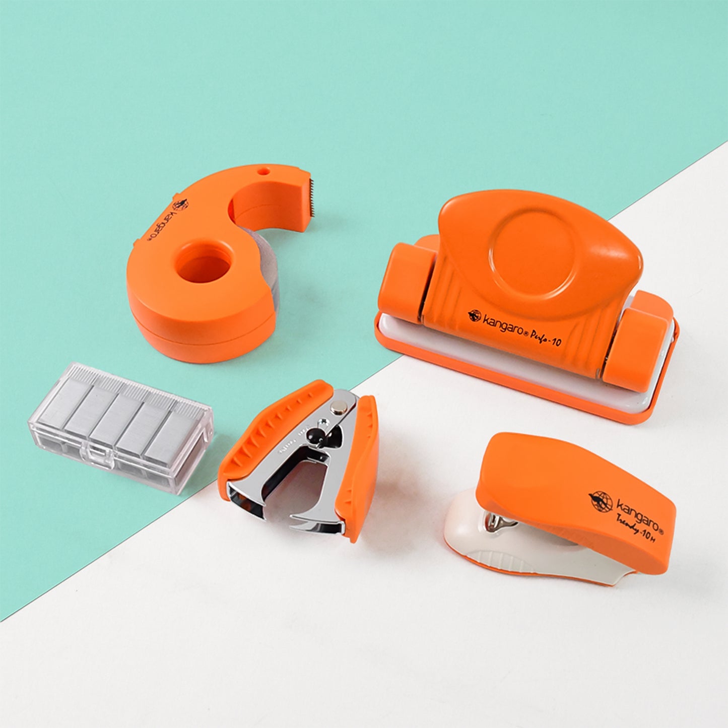 Wukusy Kangaro 5-in-1 stationery gift set including stapler, staples, staple remover, and tape dispenser on a desk